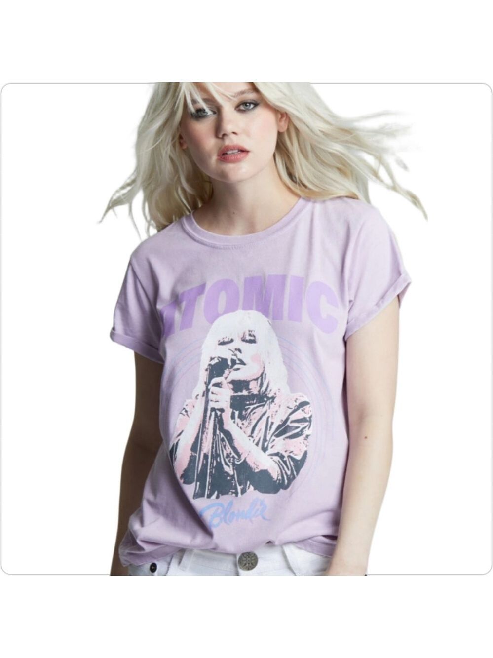 RECYCLED KARMA LILAC ATOMIC BLONDIE GRAPHIC BAND TEE SIZE SMALL NWOT